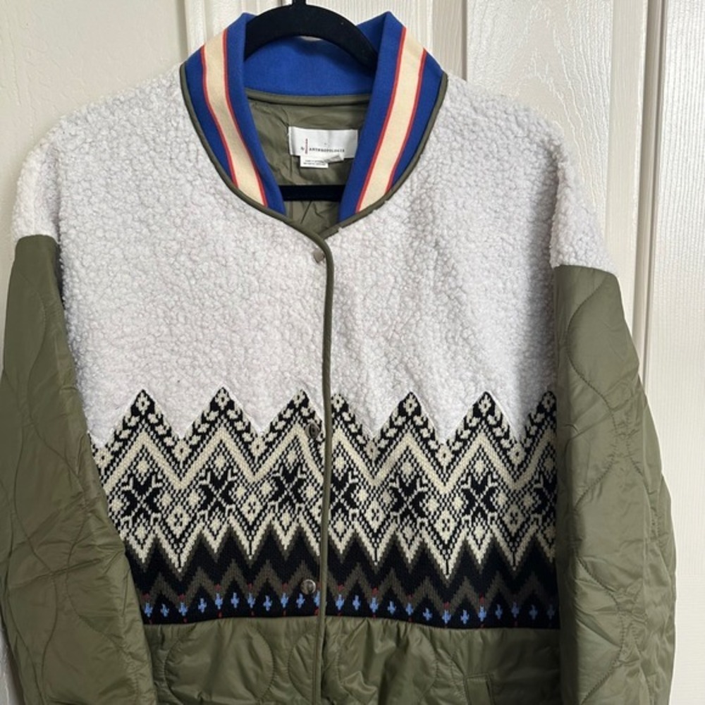 Anthropologie Tierney Fair Isle Mixed Media Quilted Coat Green Large - Picture 4 of 10